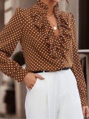 Women’s Brown Polka Dot Ruffle Blouse